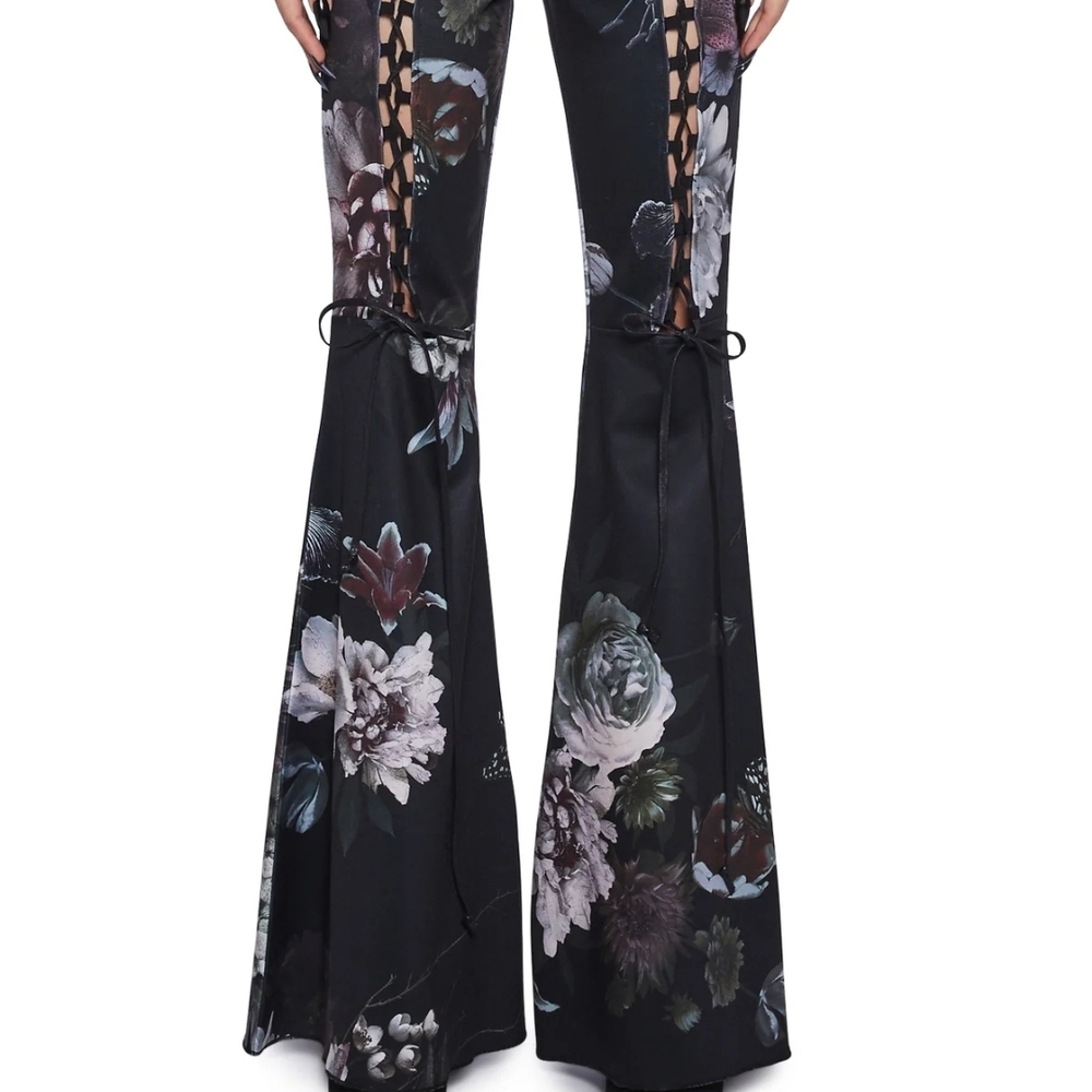 Dolls Kill Black Floral Lace-Up Flare Pants - Picture 3 of 4